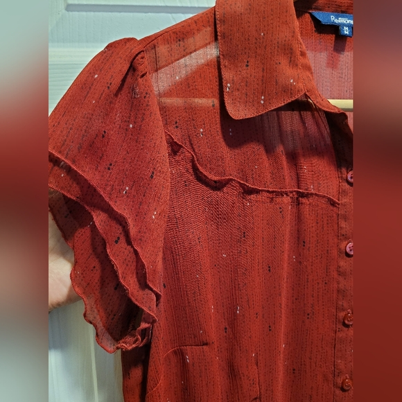 Reitmans red flutter sleeve blouse with neck tie/bow. Size Medium. - Picture 2 of 8